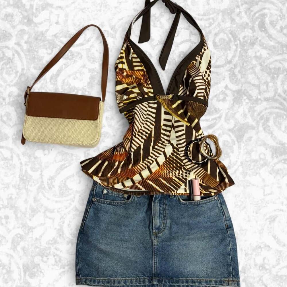 Vintage 2000s Geometric Print Halter Top with Gold Buckle